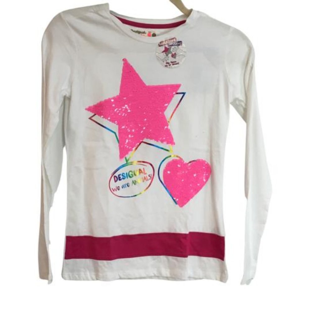New Desigual Girl's Sweater Pink Sequins Heart & Star Details